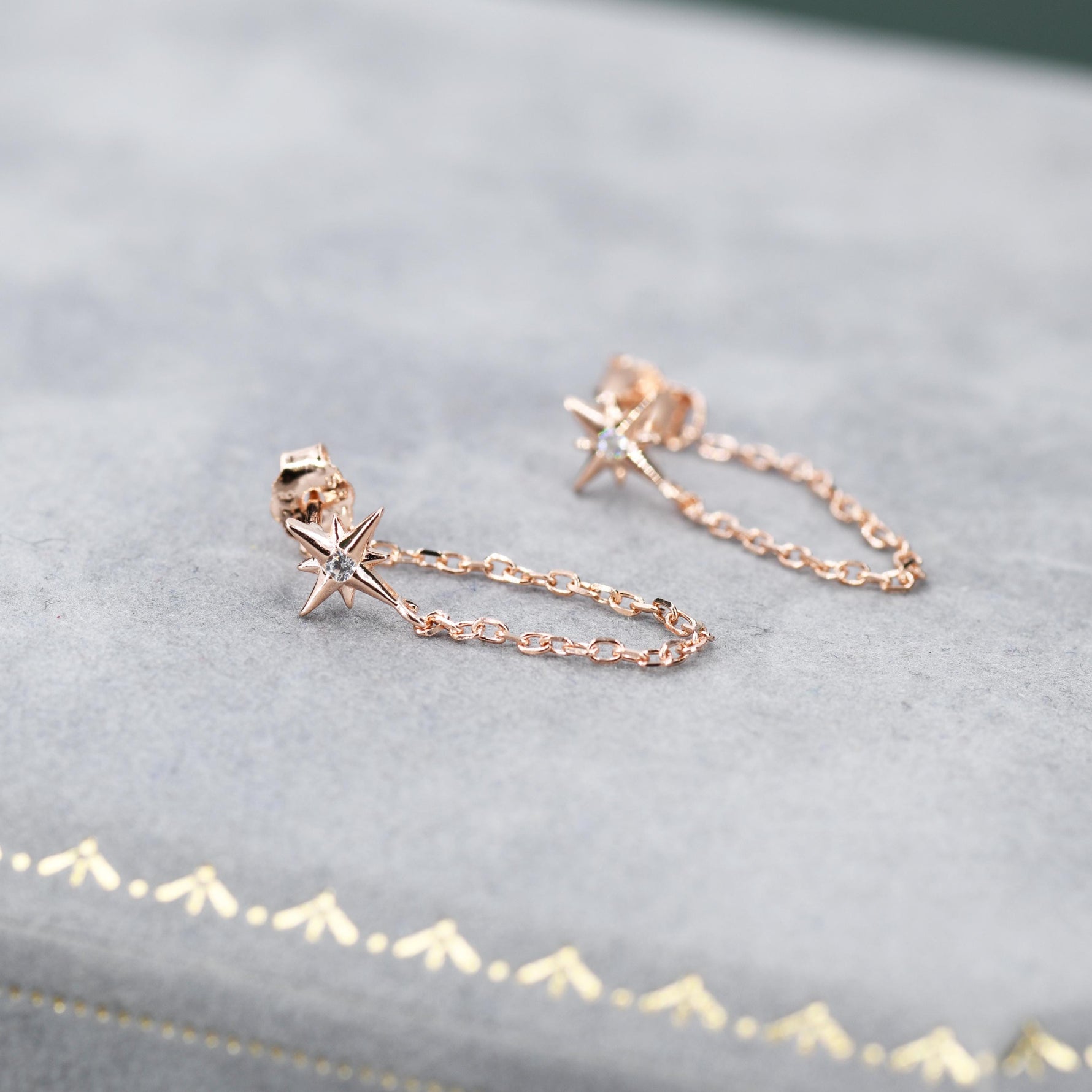 Starburst CZ Dangle Chain Stud Earrings in Sterling Silver, Silver, Gold, North Star Earrings, Star Ear Jacket, Star Earrings