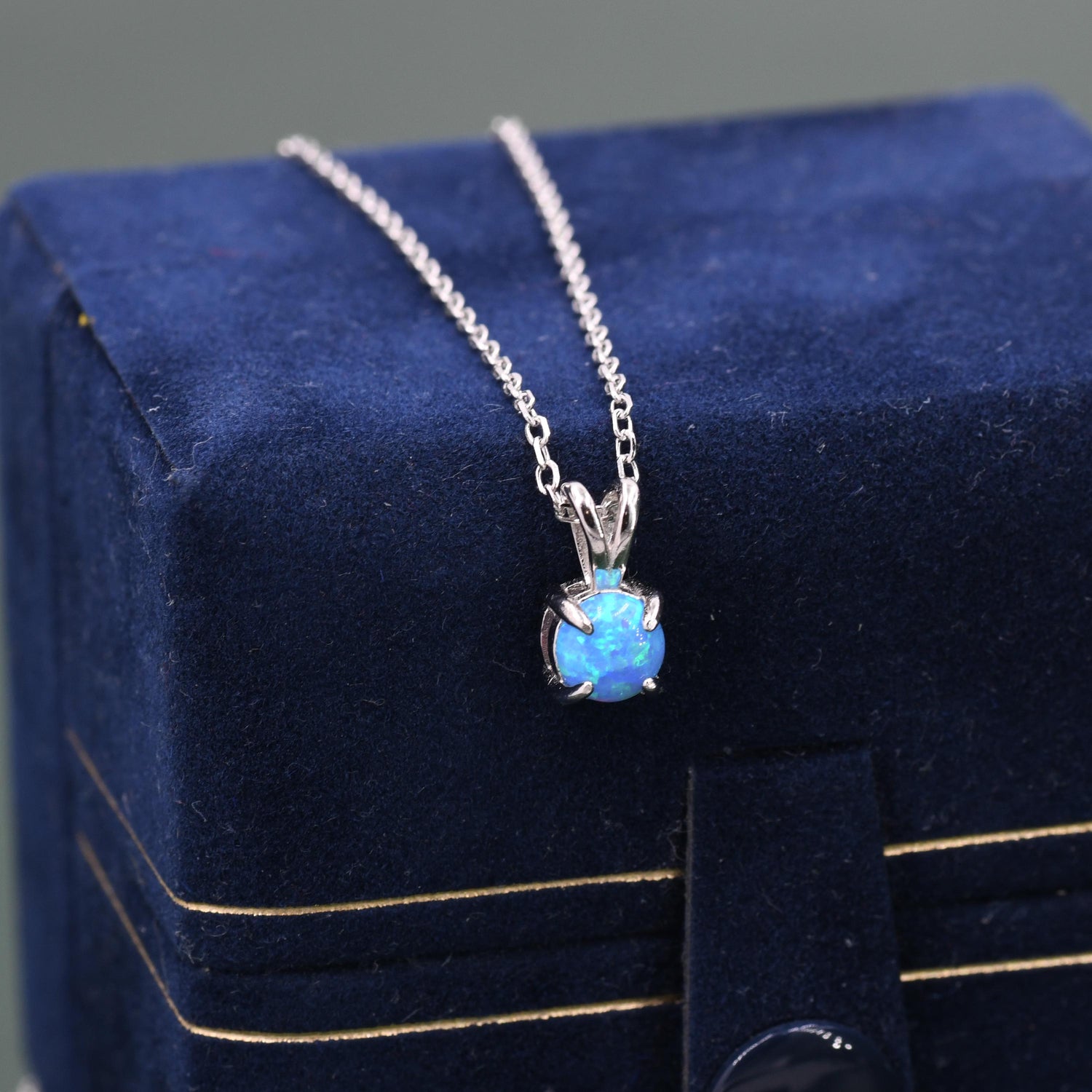 Tiny Blue Opal Necklace in Sterling Silver, Three Prong 5mm Opal Necklace, Minimalist October Birthstone Necklace, Tiny Opal Necklace