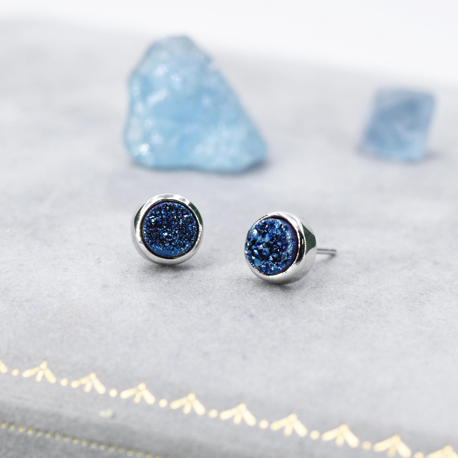Sterling Silver Genuine Druzy Stone Crystal Stud Earrings. Blue Druzy Earrings, Round Minimalist Dot Geometric Design.