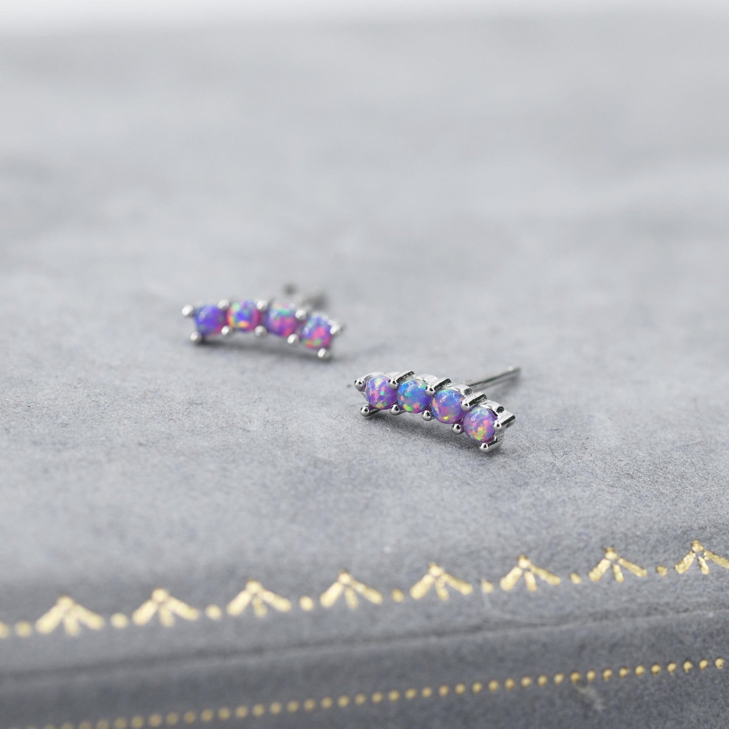 Tiny Purple Opal Curved Bar Screw Back / Stud Earrings in Sterling Silver, Silver or Gold, Opal Screw Back Earrings, Fire Opal