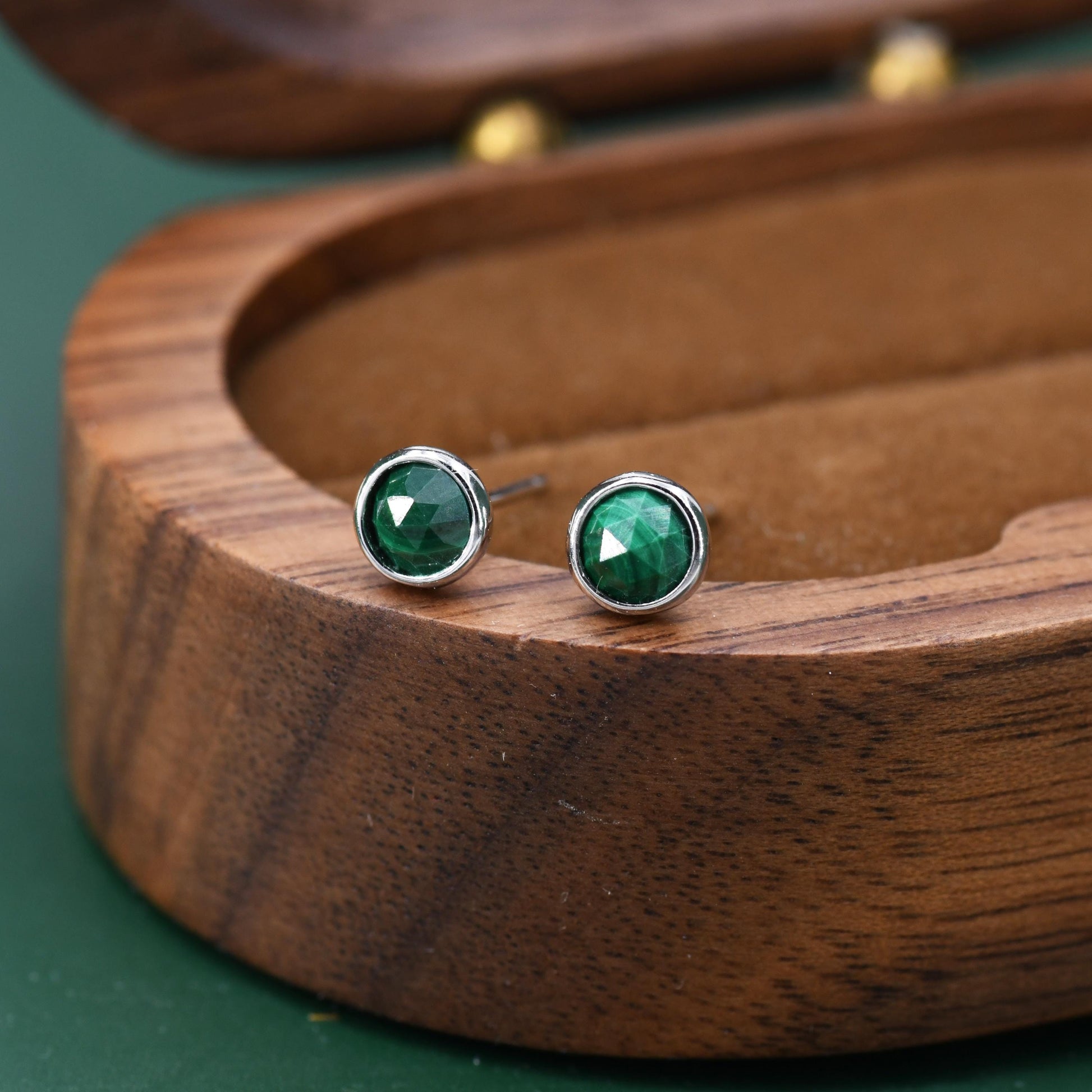 Natural Malachite Stone Stud Earrings in Sterling Silver - 4mm Rose Cut Genuine Malachite Stud Earrings - Semi Precious Gemstone