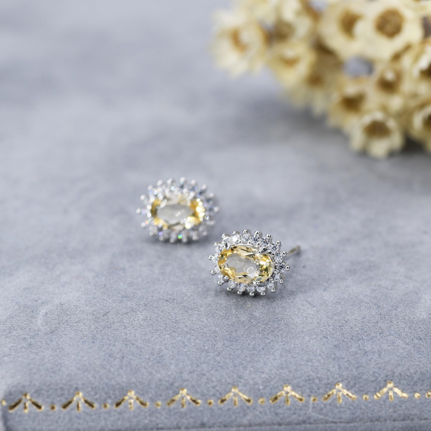 Genuine Citrine Crystal Stud Earrings in Sterling Silver, Natural Pale Yellow Citrine Oval Stud Earrings, November Birthstone