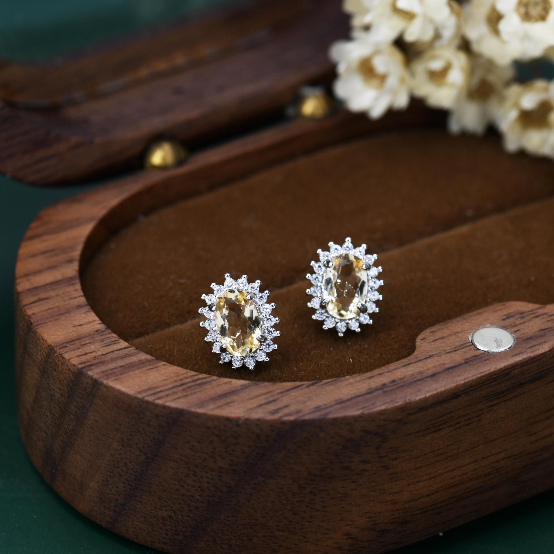 Genuine Citrine Crystal Stud Earrings in Sterling Silver, Natural Pale Yellow Citrine Oval Stud Earrings, November Birthstone