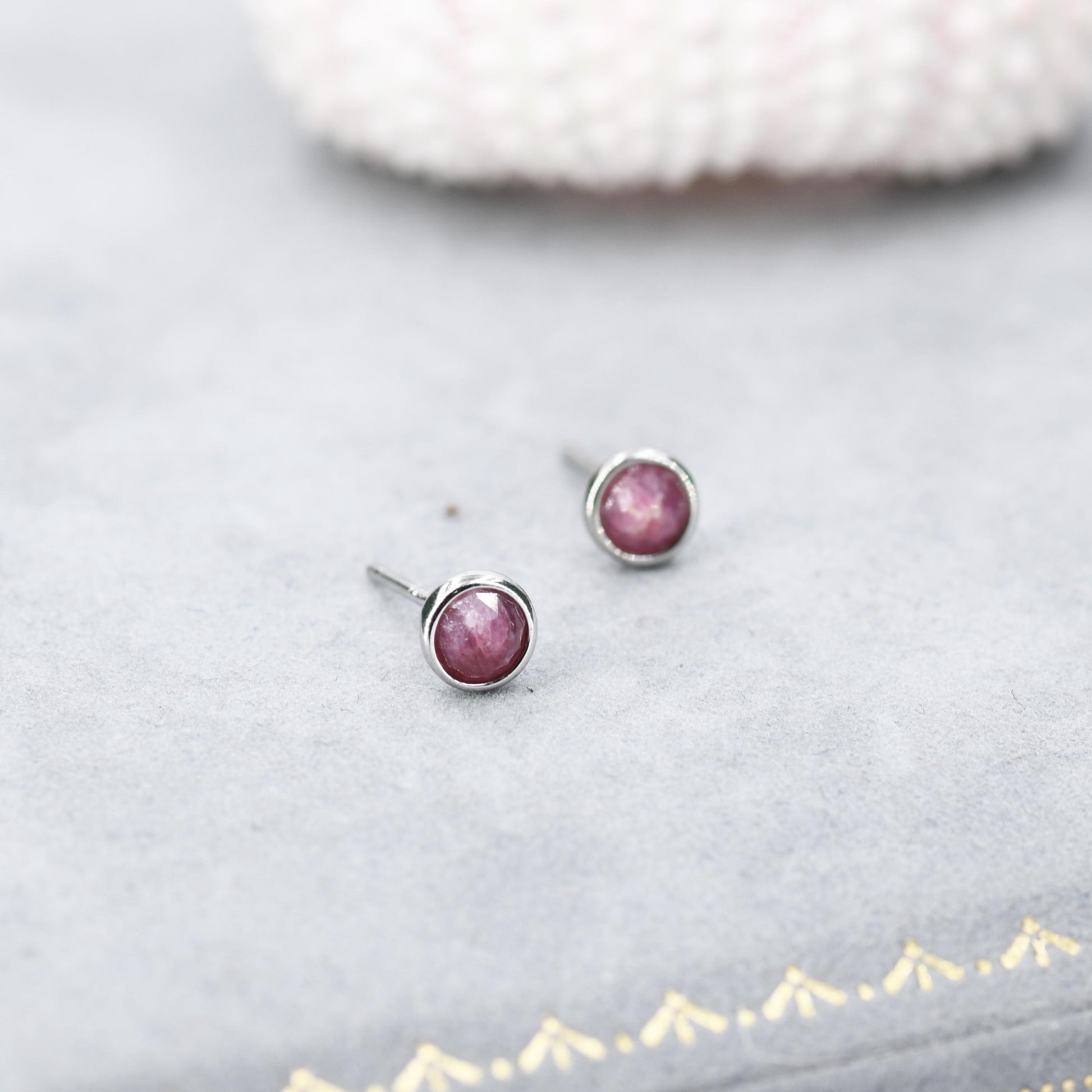 Sterling Silver Genuine Pink Tourmaline Tiny Stud Earrings, Natural Rose Cut Red Tourmaline Stud, Semi-Precious Gemstones, 4mm Bezel