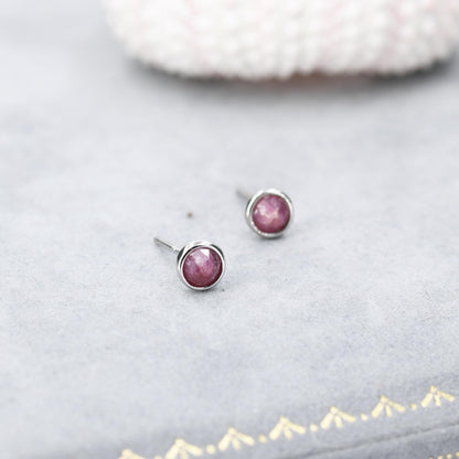 Sterling Silver Genuine Pink Tourmaline Tiny Stud Earrings, Natural Rose Cut Red Tourmaline Stud, Semi-Precious Gemstones, 4mm Bezel