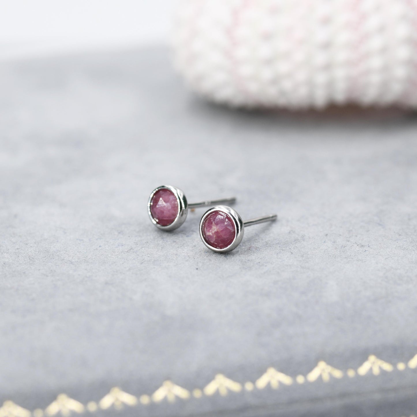 Sterling Silver Genuine Pink Tourmaline Tiny Stud Earrings, Natural Rose Cut Red Tourmaline Stud, Semi-Precious Gemstones, 4mm Bezel