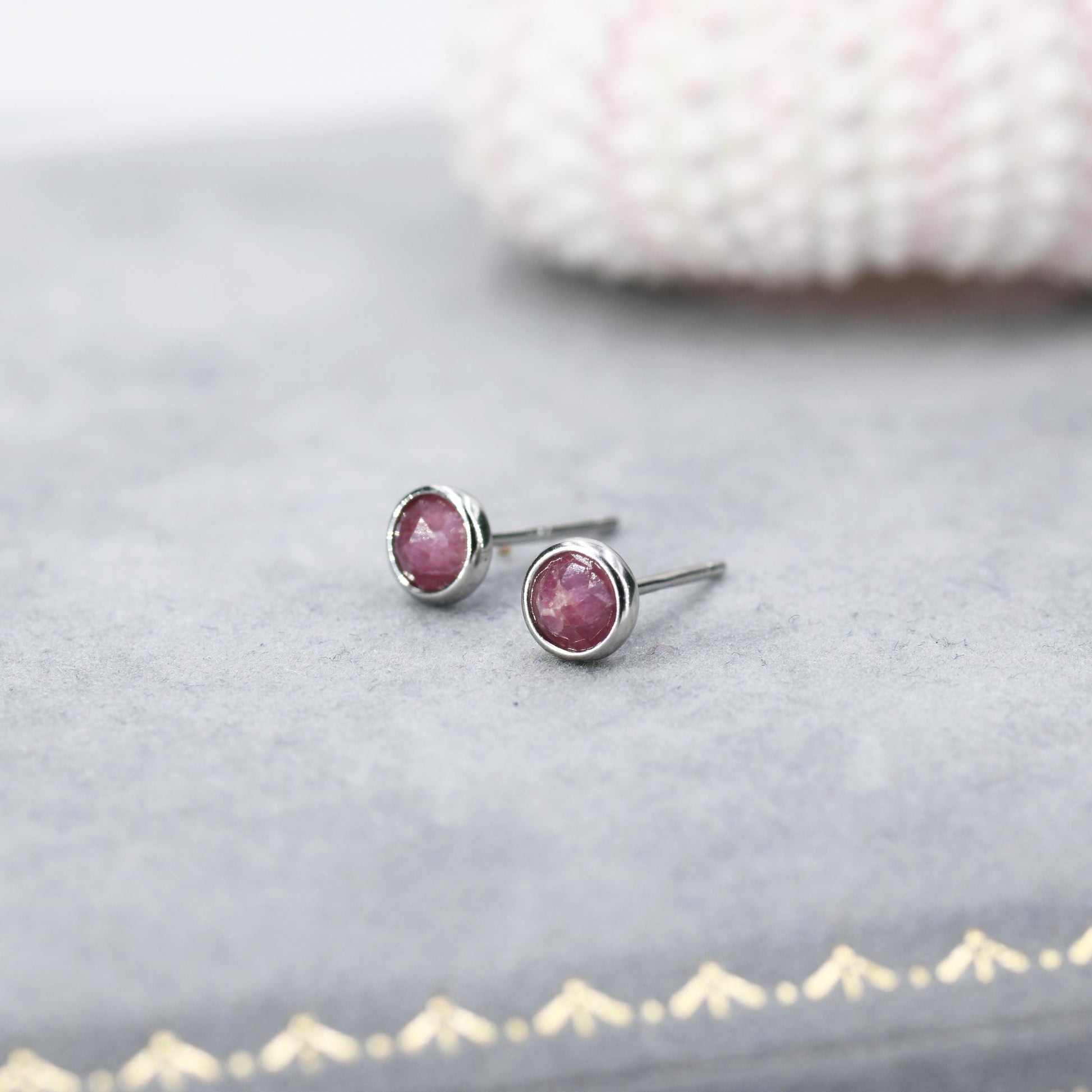 Sterling Silver Genuine Pink Tourmaline Tiny Stud Earrings, Natural Rose Cut Red Tourmaline Stud, Semi-Precious Gemstones, 4mm Bezel