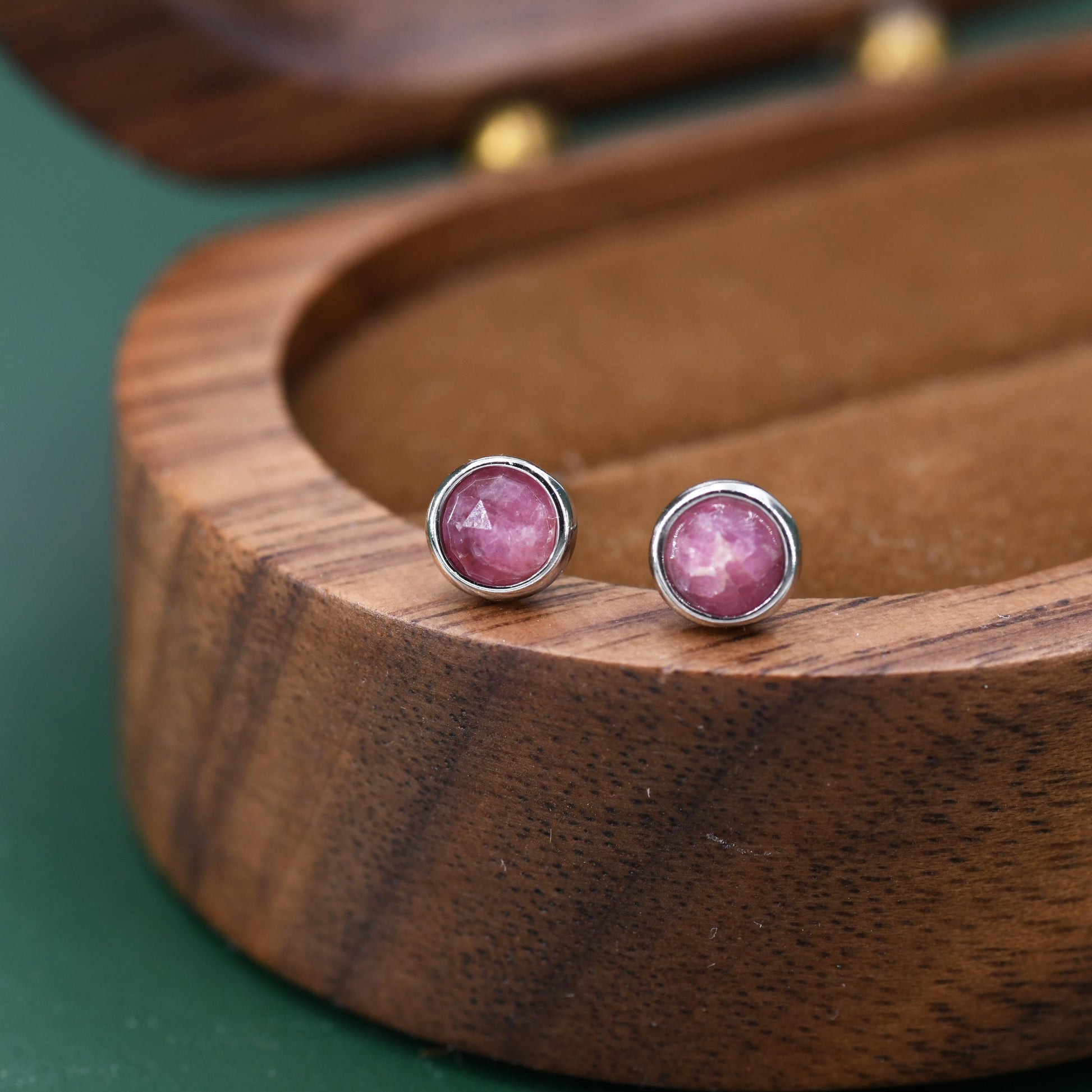 Sterling Silver Genuine Pink Tourmaline Tiny Stud Earrings, Natural Rose Cut Red Tourmaline Stud, Semi-Precious Gemstones, 4mm Bezel