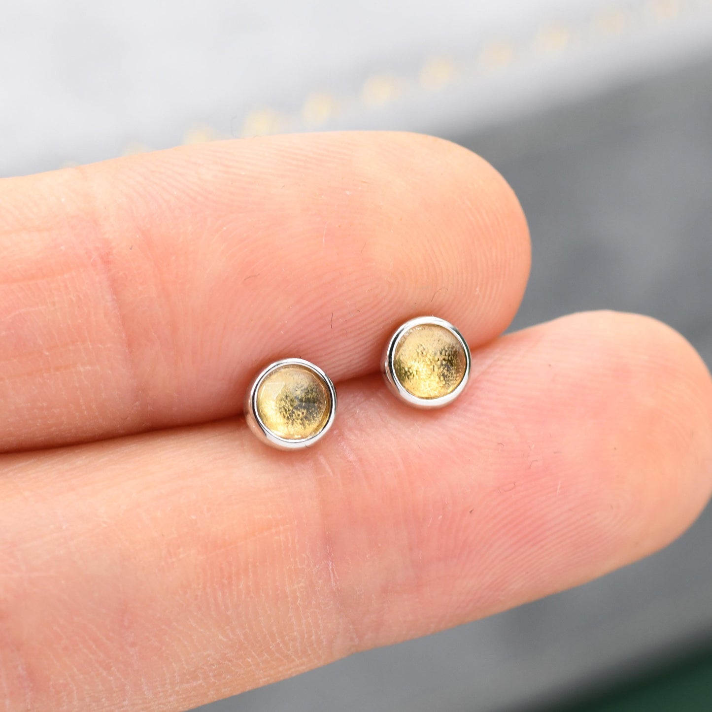 Natural Citrine Crystal Stud Earrings in Sterling Silver - 4mm - Genuine Rose Cut Yellow Citrine Crystal Stud Earrings - Semi Precious