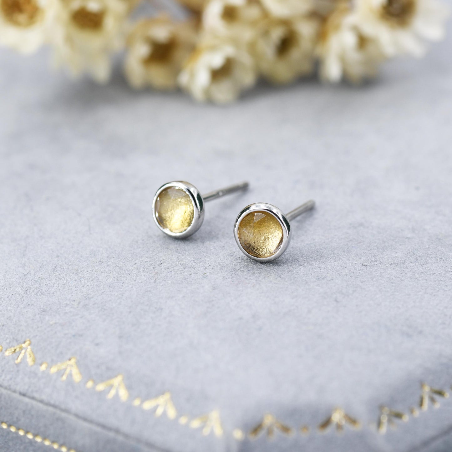 Natural Citrine Crystal Stud Earrings in Sterling Silver - 4mm - Genuine Rose Cut Yellow Citrine Crystal Stud Earrings - Semi Precious