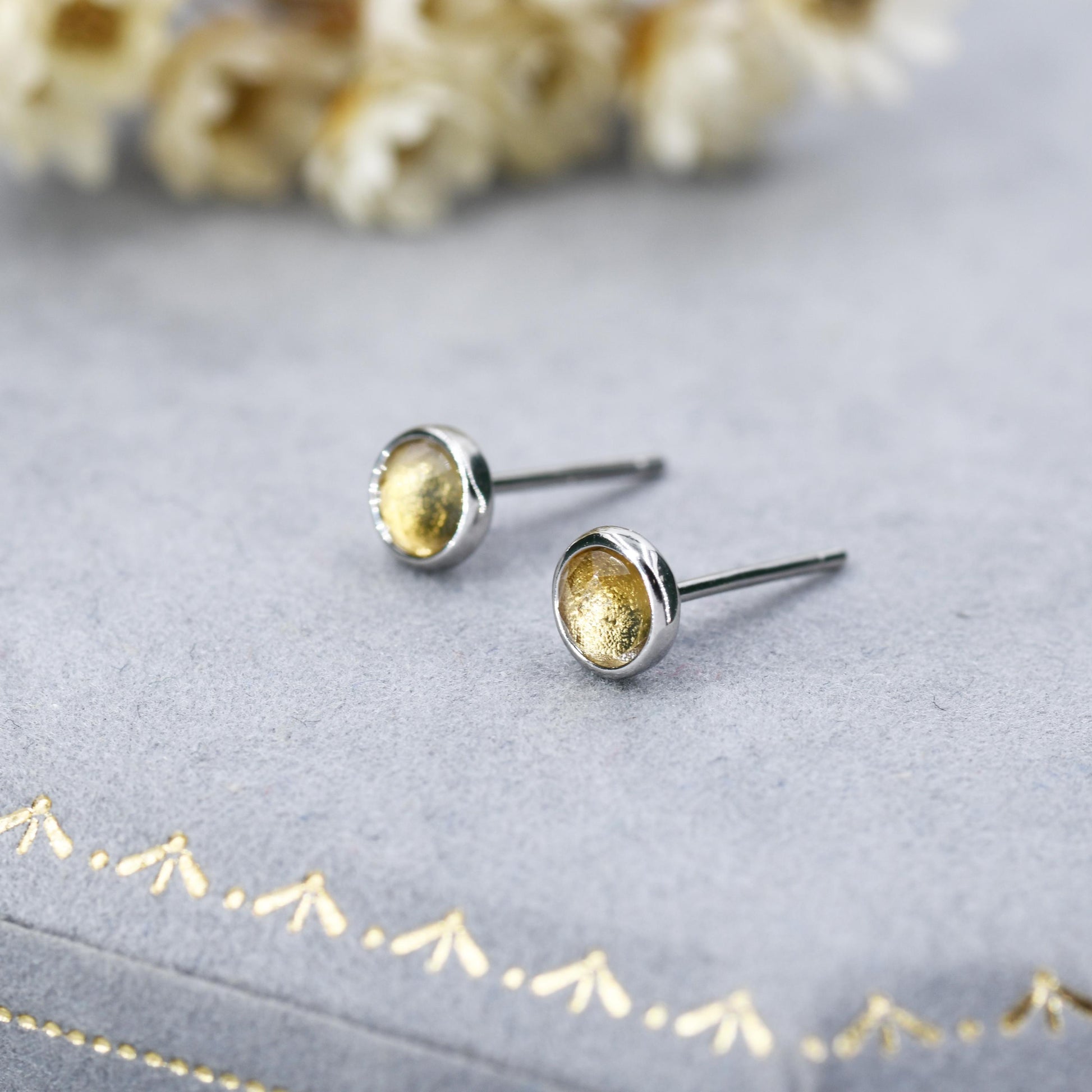 Natural Citrine Crystal Stud Earrings in Sterling Silver - 4mm - Genuine Rose Cut Yellow Citrine Crystal Stud Earrings - Semi Precious