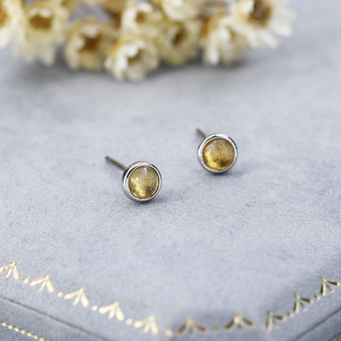 Natural Citrine Crystal Stud Earrings in Sterling Silver - 4mm - Genuine Rose Cut Yellow Citrine Crystal Stud Earrings - Semi Precious