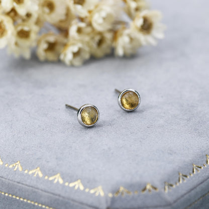 Natural Citrine Crystal Stud Earrings in Sterling Silver - 4mm - Genuine Rose Cut Yellow Citrine Crystal Stud Earrings - Semi Precious