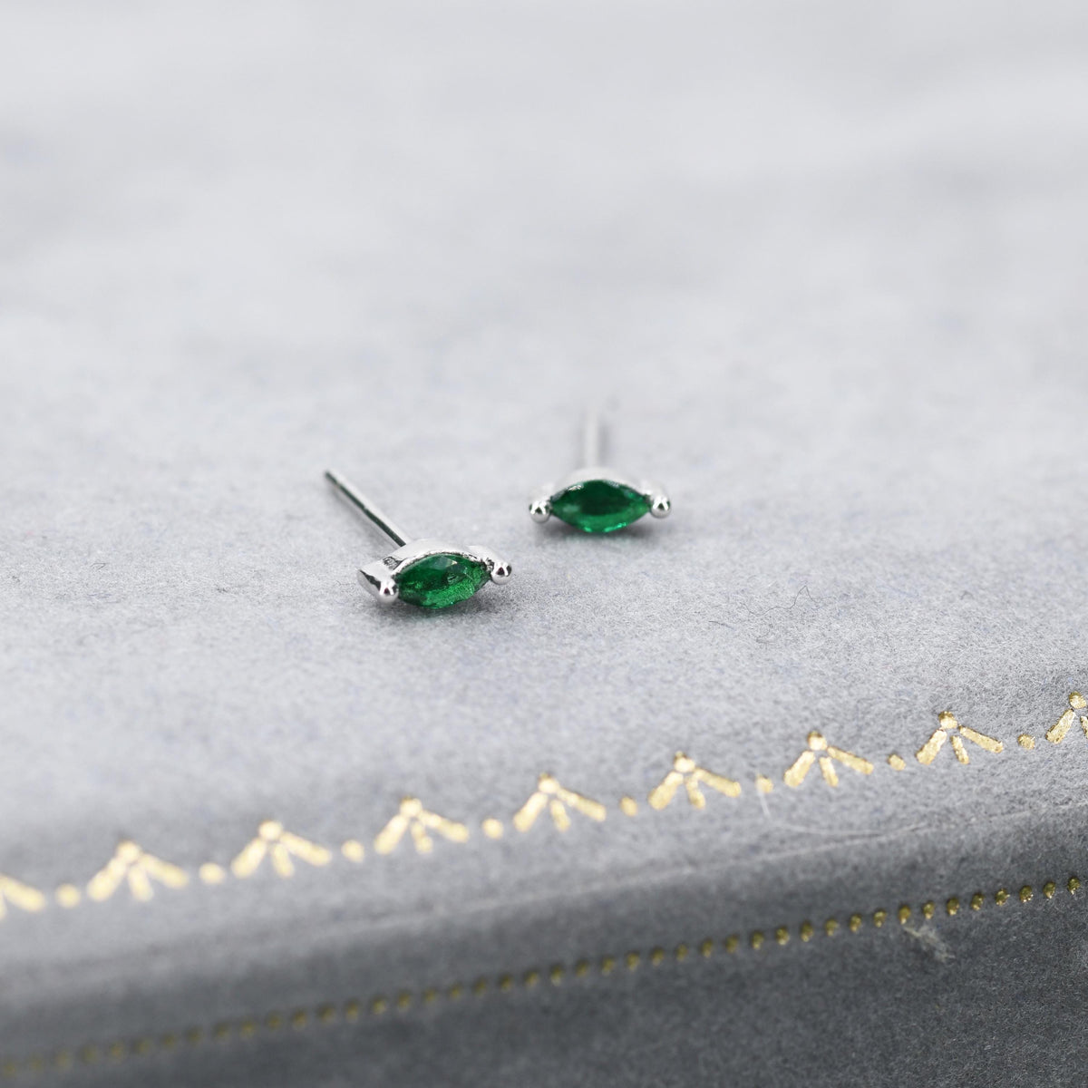 Very Tiny Emerald Green CZ Marquise Stud Earrings in Sterling Silver