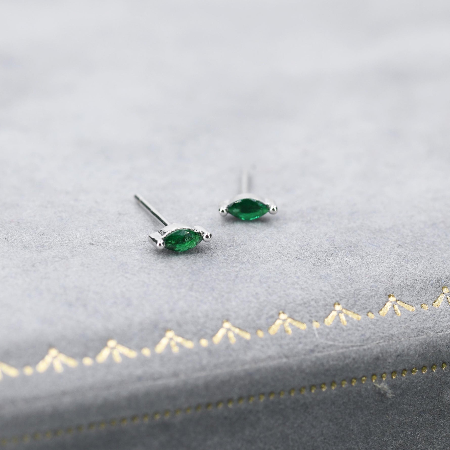 Very Tiny Emerald Green CZ Marquise Stud Earrings in Sterling Silver