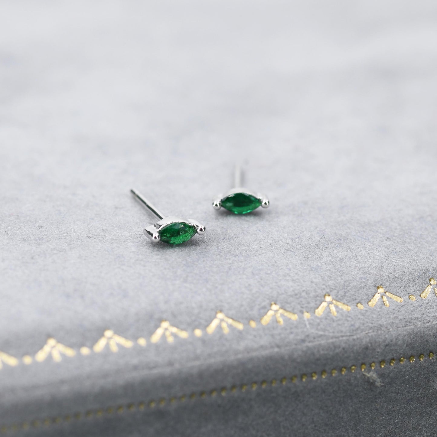 Tiny Emerald Green CZ Marquise Screw Back / Stud Earrings in Sterling Silver, Silver or Gold, Stacking Earrings, CZ Barbell Earrings, Helix