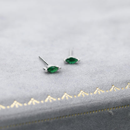 Tiny Emerald Green CZ Marquise Screw Back / Stud Earrings in Sterling Silver, Silver or Gold, Stacking Earrings, CZ Barbell Earrings, Helix