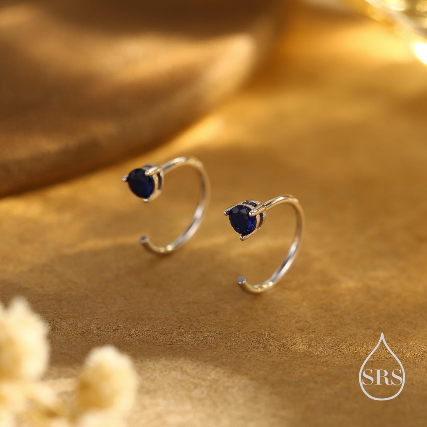 Sapphire Blue CZ Crystal Huggie Hoop Threader Earrings in Sterling Silver, 3mm Three Prong, Gold or Silver, Pull Through Open Hoops