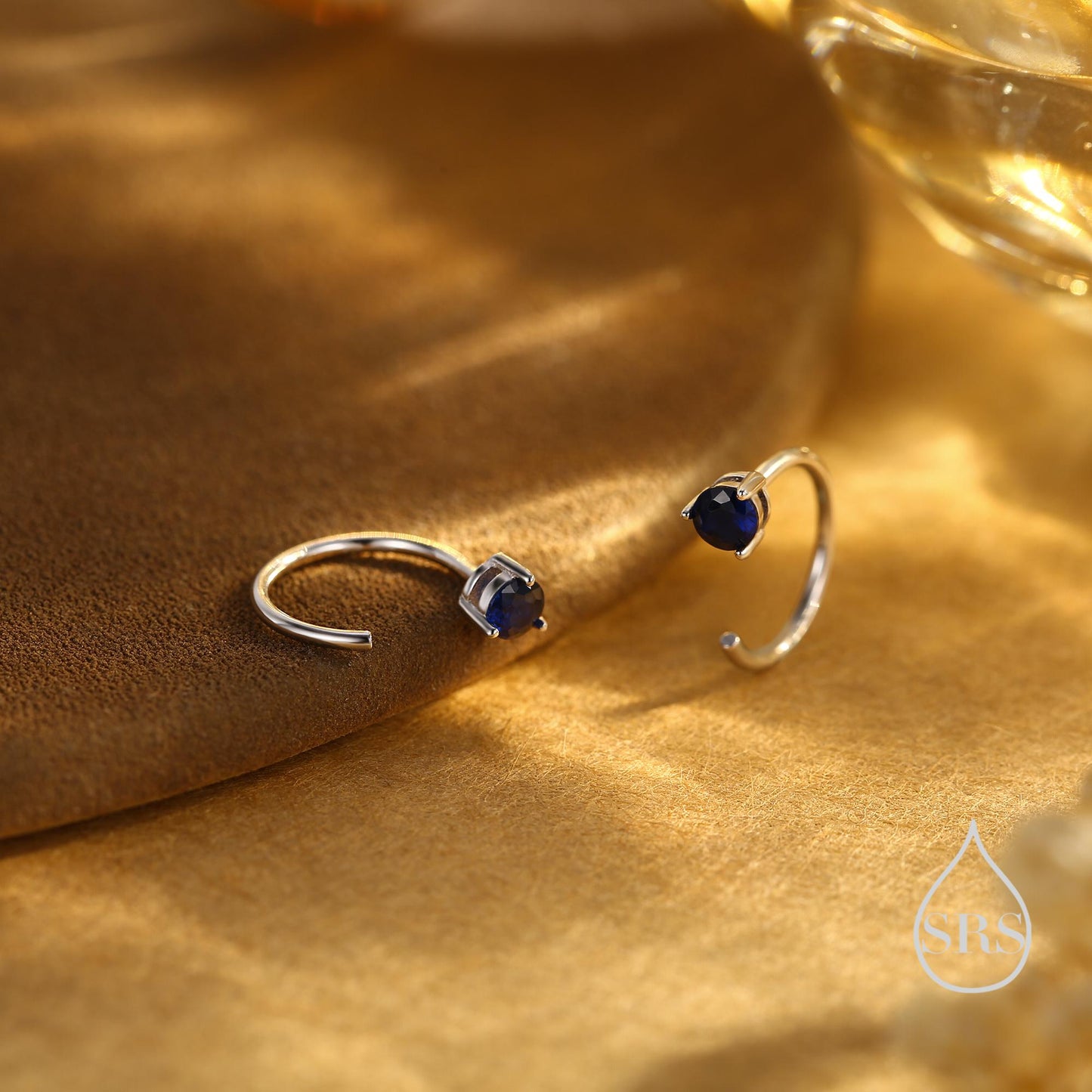 Sapphire Blue CZ Crystal Huggie Hoop Threader Earrings in Sterling Silver, 3mm Three Prong, Gold or Silver, Pull Through Open Hoops