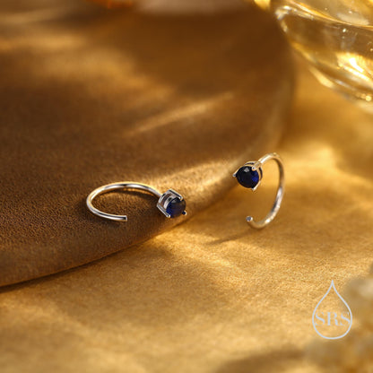 Sapphire Blue CZ Crystal Huggie Hoop Threader Earrings in Sterling Silver, 3mm Three Prong, Gold or Silver, Pull Through Open Hoops