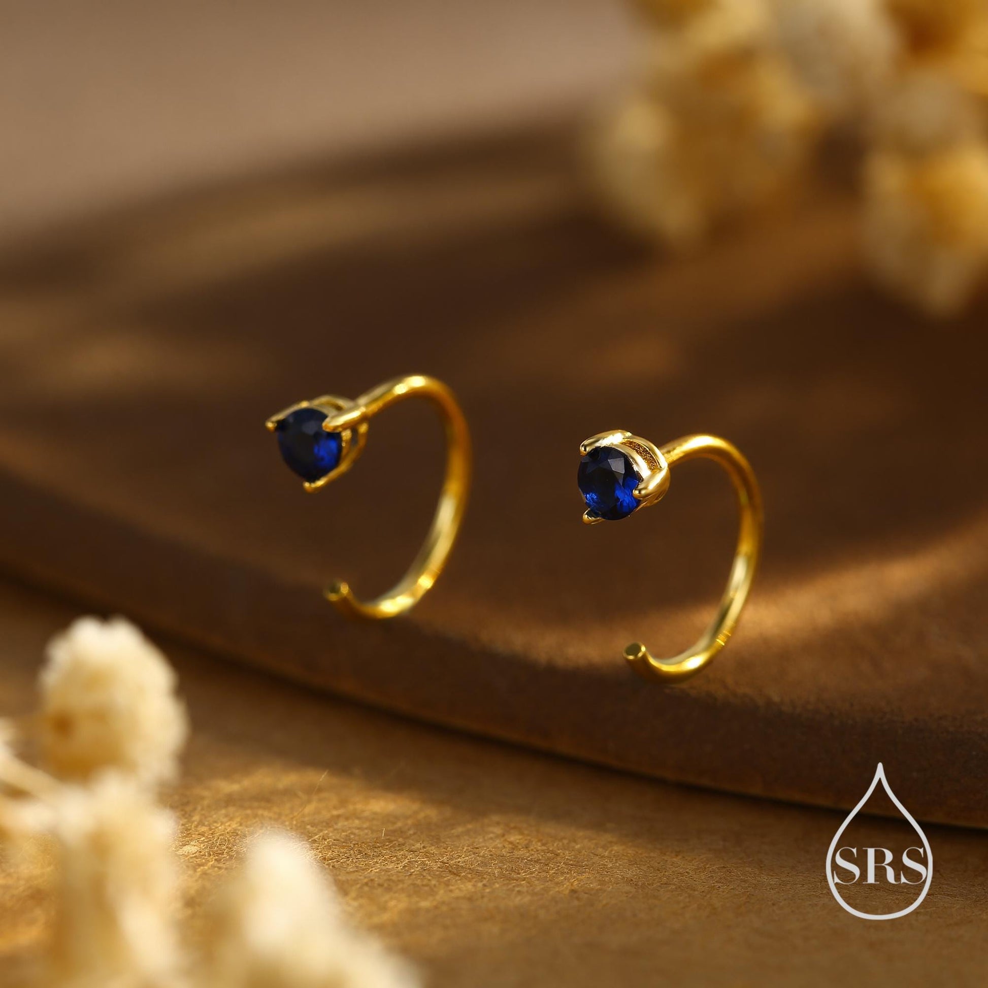 Sapphire Blue CZ Crystal Huggie Hoop Threader Earrings in Sterling Silver, 3mm Three Prong, Gold or Silver, Pull Through Open Hoops