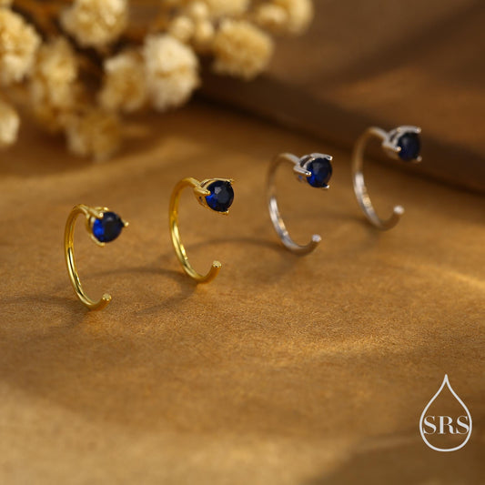 Sapphire Blue CZ Crystal Huggie Hoop Threader Earrings in Sterling Silver, 3mm Three Prong, Gold or Silver, Pull Through Open Hoops