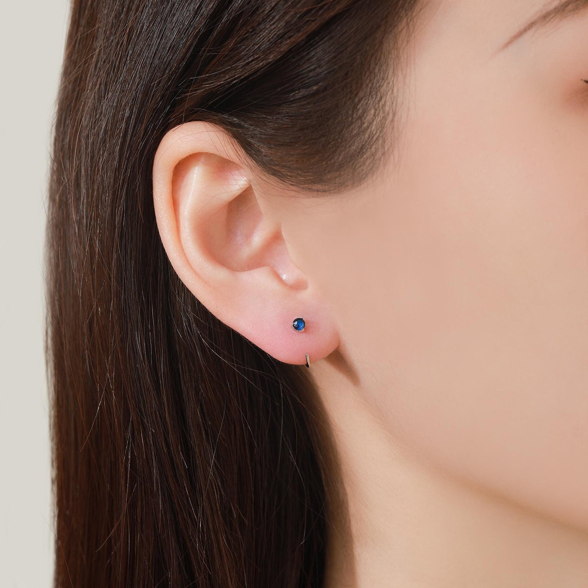 Sapphire Blue CZ Crystal Huggie Hoop Threader Earrings in Sterling Silver, 3mm Three Prong, Gold or Silver, Pull Through Open Hoops