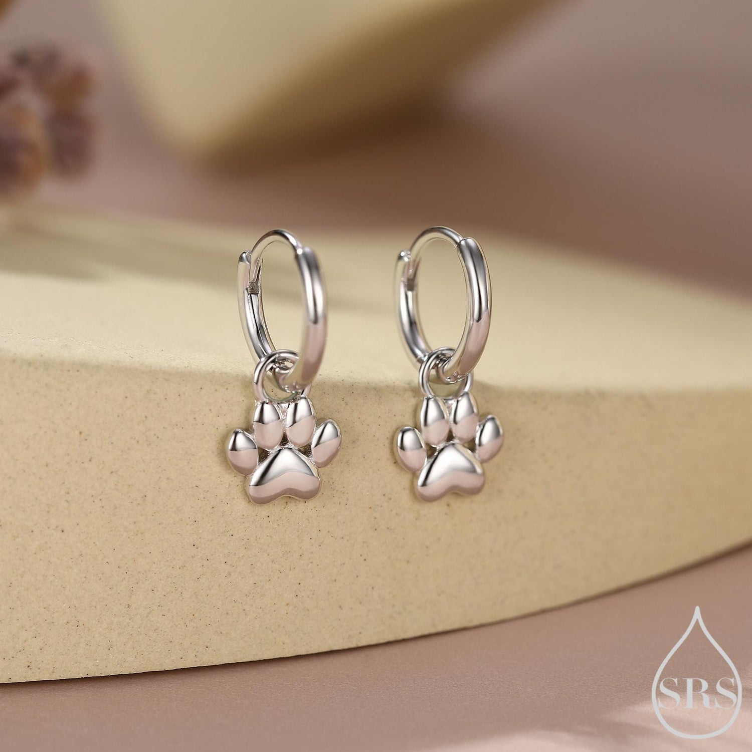 Paw Print Huggie Hoop Earrings in Sterling Silver, Gold or Rose Gold,  Detachable Pet Paw Hoop Earrings