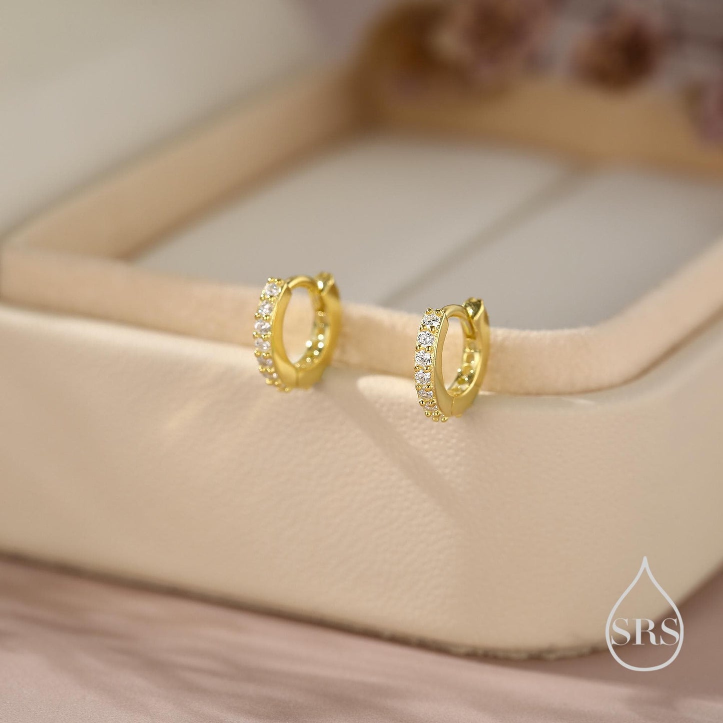 Double Sided CZ Huggie Hoops in Sterling Silver, 6mm, 8mm, 10mm and 12mm Clicker Hoops, Rose Gold or Gold, Simple Sleeper Hoop Earrings