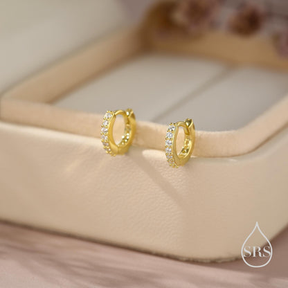 Double Sided CZ Huggie Hoops in Sterling Silver, 6mm, 8mm, 10mm and 12mm Clicker Hoops, Rose Gold or Gold, Simple Sleeper Hoop Earrings