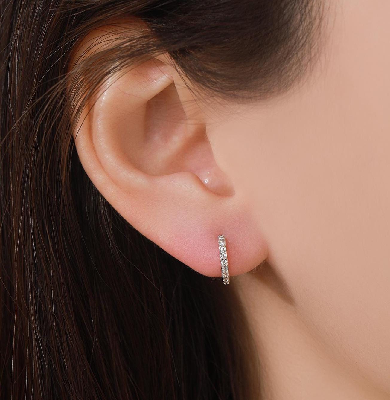 Double Sided CZ Huggie Hoops in Sterling Silver, 6mm, 8mm, 10mm and 12mm Clicker Hoops, Rose Gold or Gold, Simple Sleeper Hoop Earrings