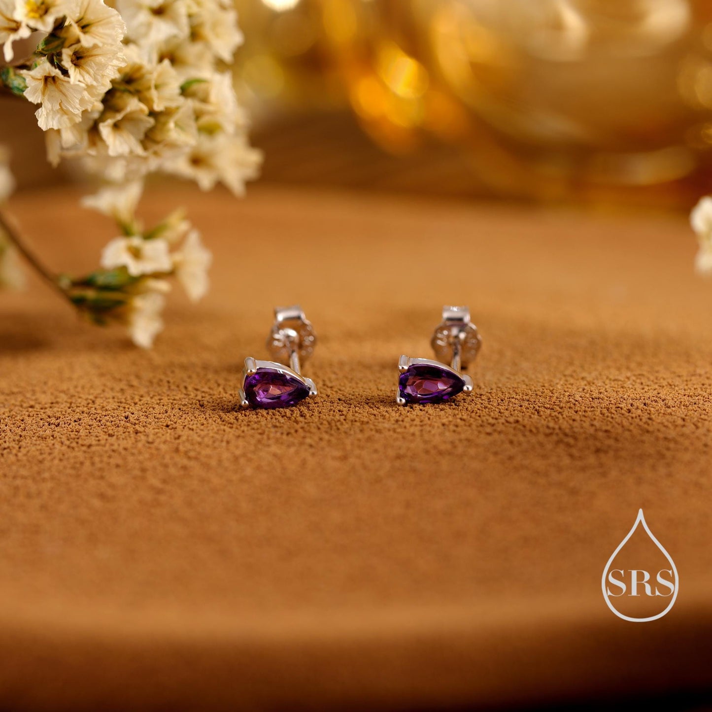 Extra Tiny Genuine Gemstone Droplet Stud Earrings in Sterling Silver, 4x6mm Amethyst Crystal Earrings, Natural Crystal Pear Earrings