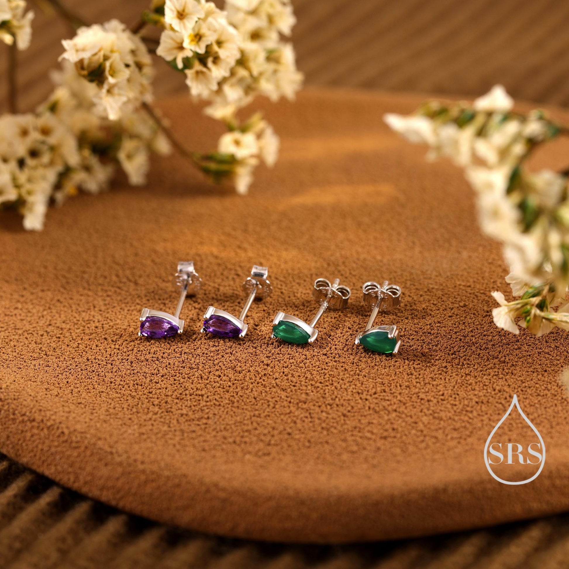 Extra Tiny Genuine Gemstone Droplet Stud Earrings in Sterling Silver, 4x6mm Amethyst Crystal Earrings, Natural Crystal Pear Earrings