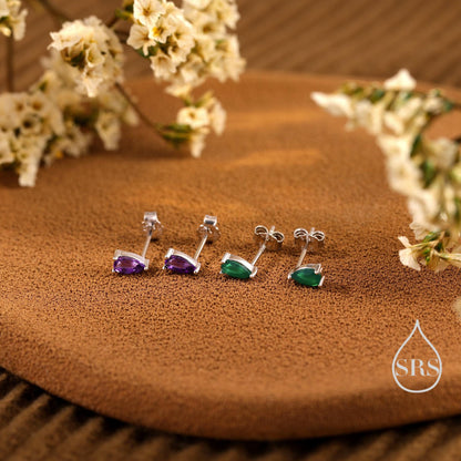 Extra Tiny Genuine Gemstone Droplet Stud Earrings in Sterling Silver, 4x6mm Amethyst Crystal Earrings, Natural Crystal Pear Earrings