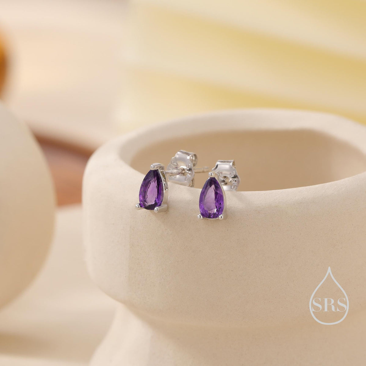 Extra Tiny Genuine Amethyst Droplet Stud Earrings in Sterling Silver, 3x5mm Amethyst Crystal Earrings, Natural Purple Amethyst Pear Earrings