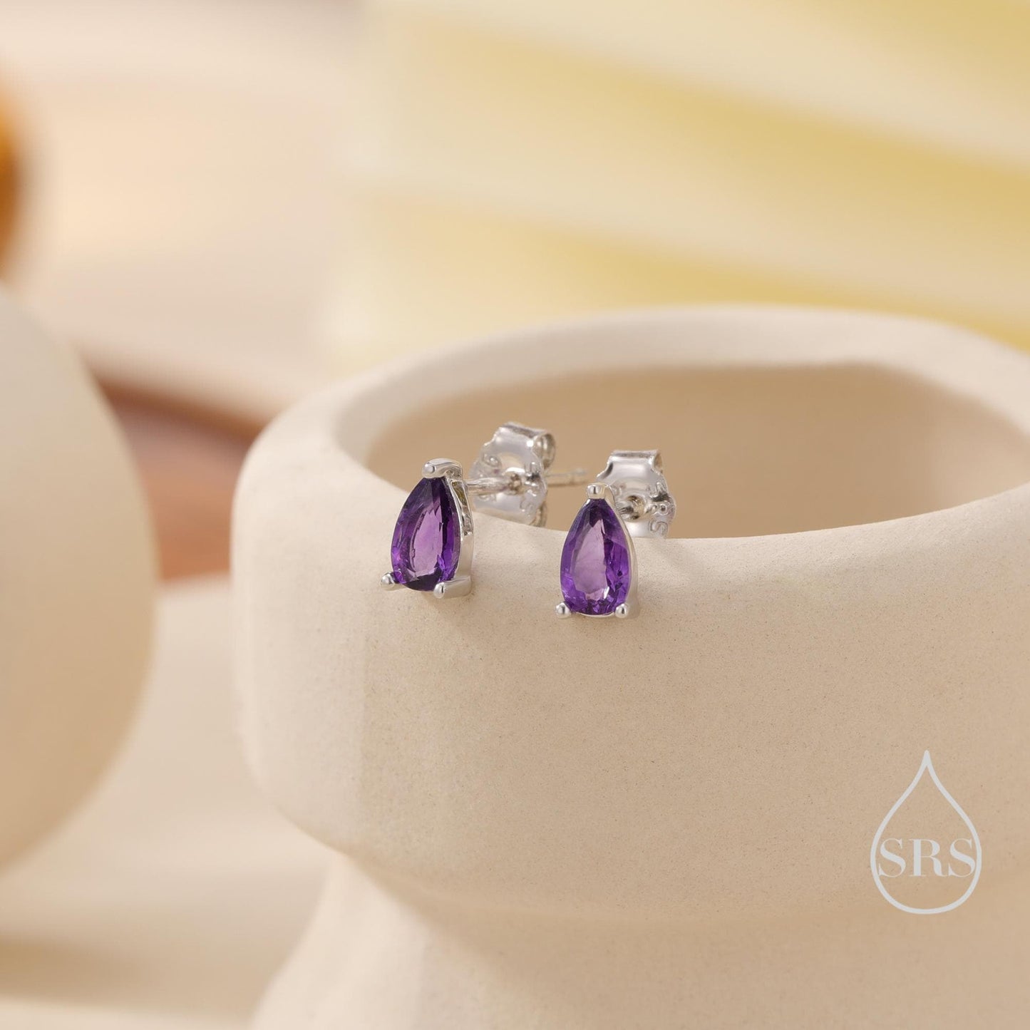 Extra Tiny Genuine Gemstone Droplet Stud Earrings in Sterling Silver, 4x6mm Amethyst Crystal Earrings, Natural Crystal Pear Earrings