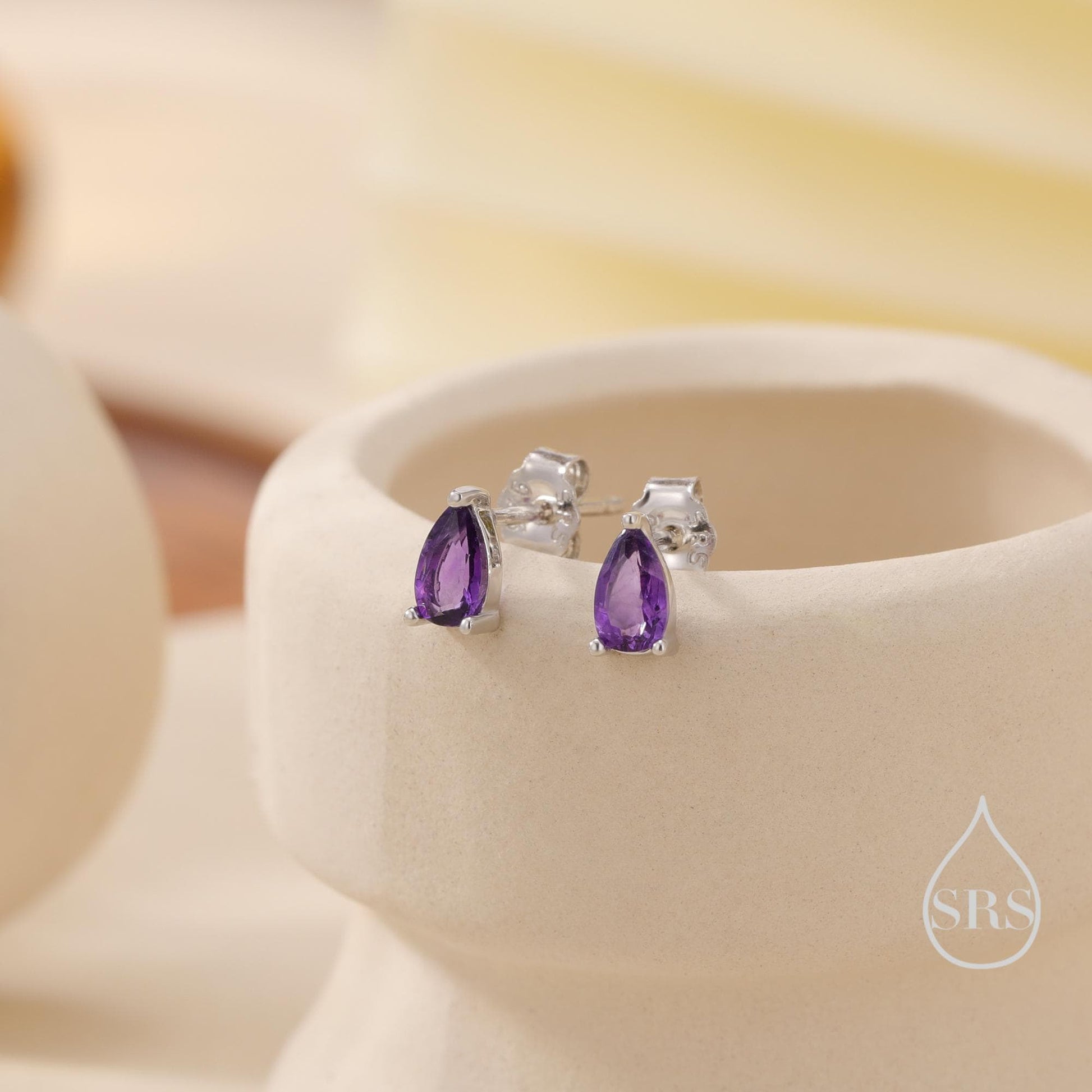 Extra Tiny Genuine Gemstone Droplet Stud Earrings in Sterling Silver, 4x6mm Amethyst Crystal Earrings, Natural Crystal Pear Earrings