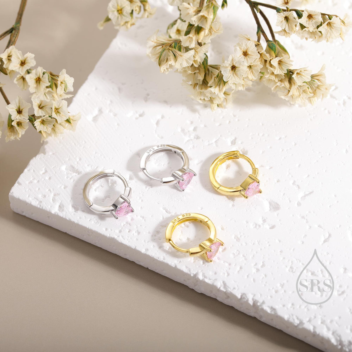 Tourmaline Pink Heart Huggie Hoop in Sterling Silver, Silver or Gold, 8mm Inner Diameter, Stacking Earrings, October Birthstone