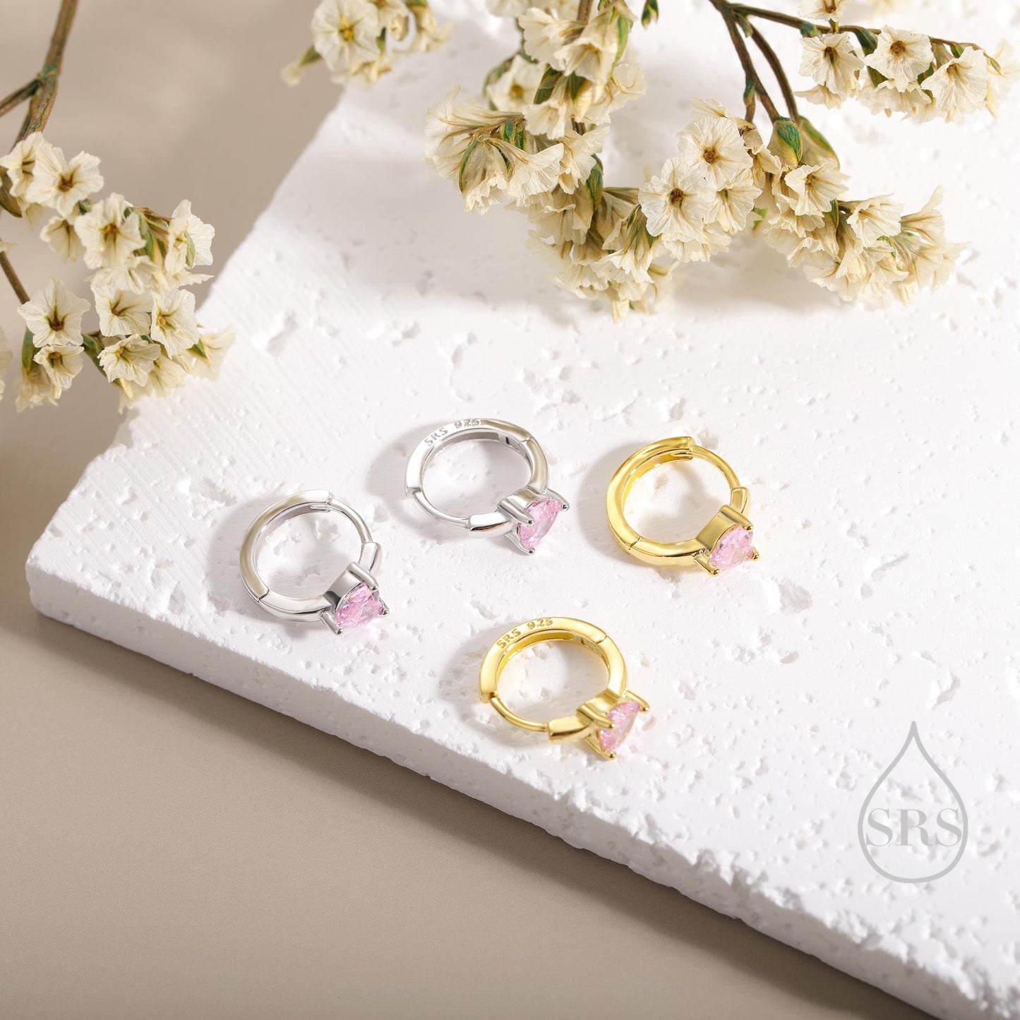 Tourmaline Pink Heart Huggie Hoop in Sterling Silver, Silver or Gold, 8mm Inner Diameter, Stacking Earrings, October Birthstone