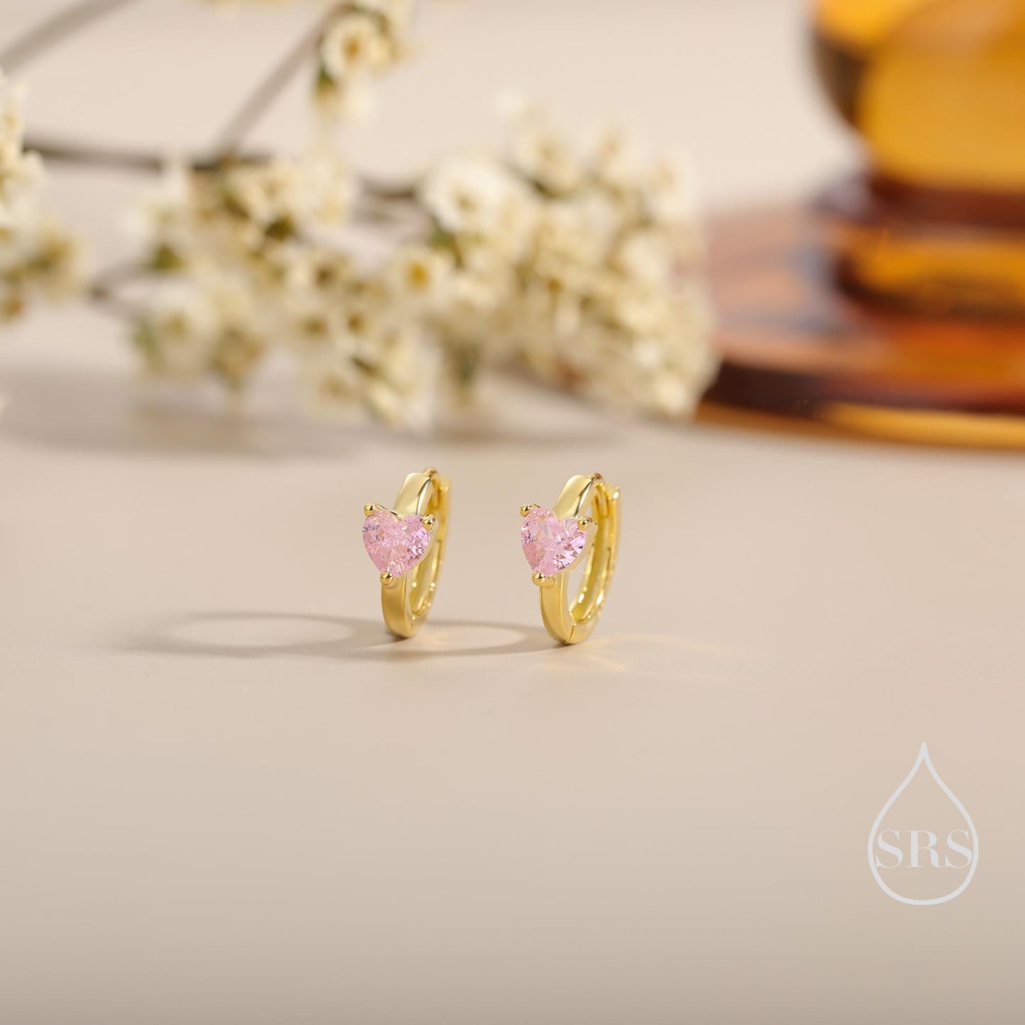 Tourmaline Pink Heart Huggie Hoop in Sterling Silver, Silver or Gold, 8mm Inner Diameter, Stacking Earrings, October Birthstone