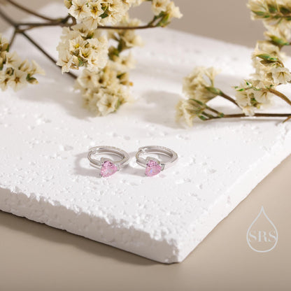 Tourmaline Pink Heart Huggie Hoop in Sterling Silver, Silver or Gold, 8mm Inner Diameter, Stacking Earrings, October Birthstone