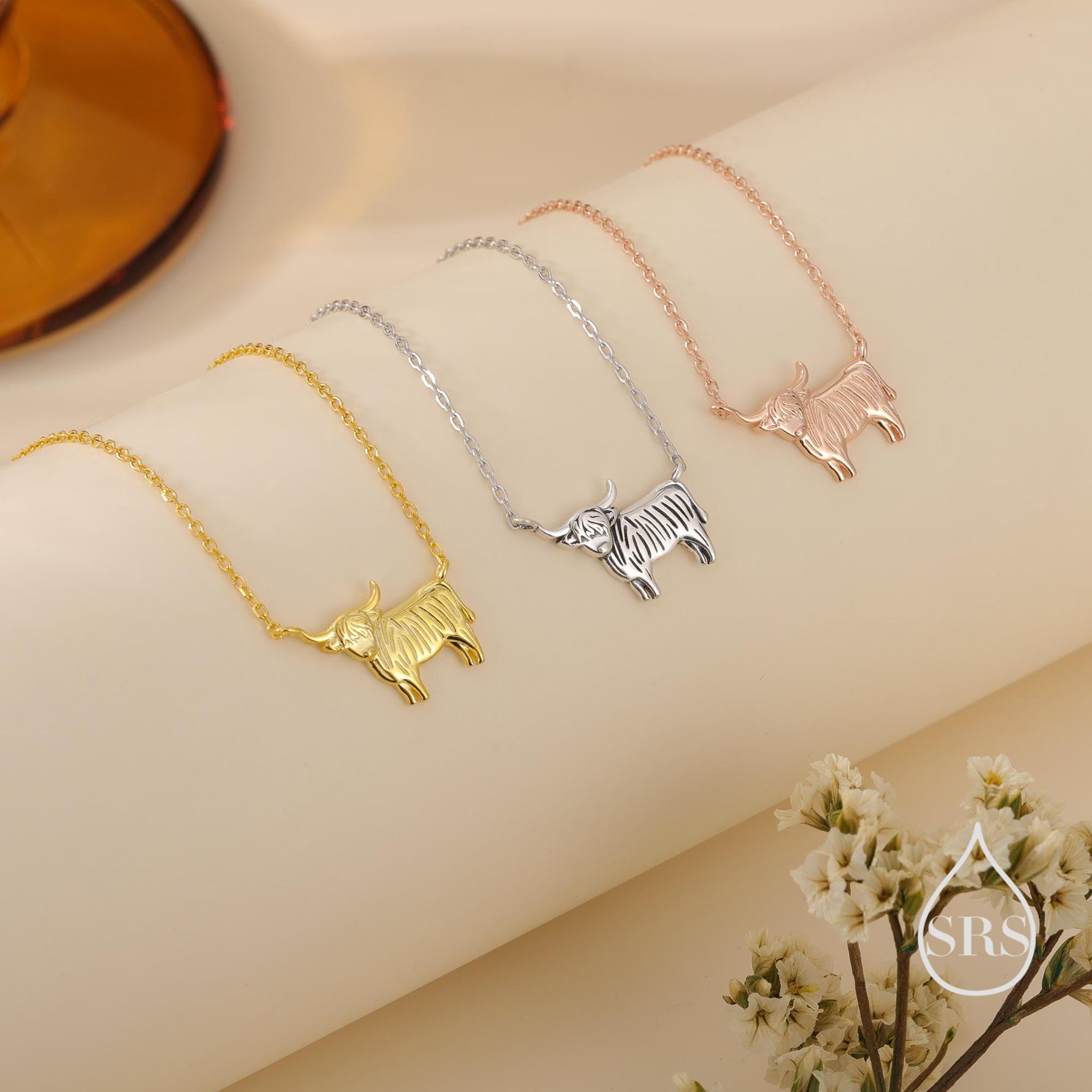Tiny Highland Cow Pendant Necklace in Sterling Silver, Silver or Gold or Rose Gold Finish, Highland Cow Necklace, Scottish Jewellery