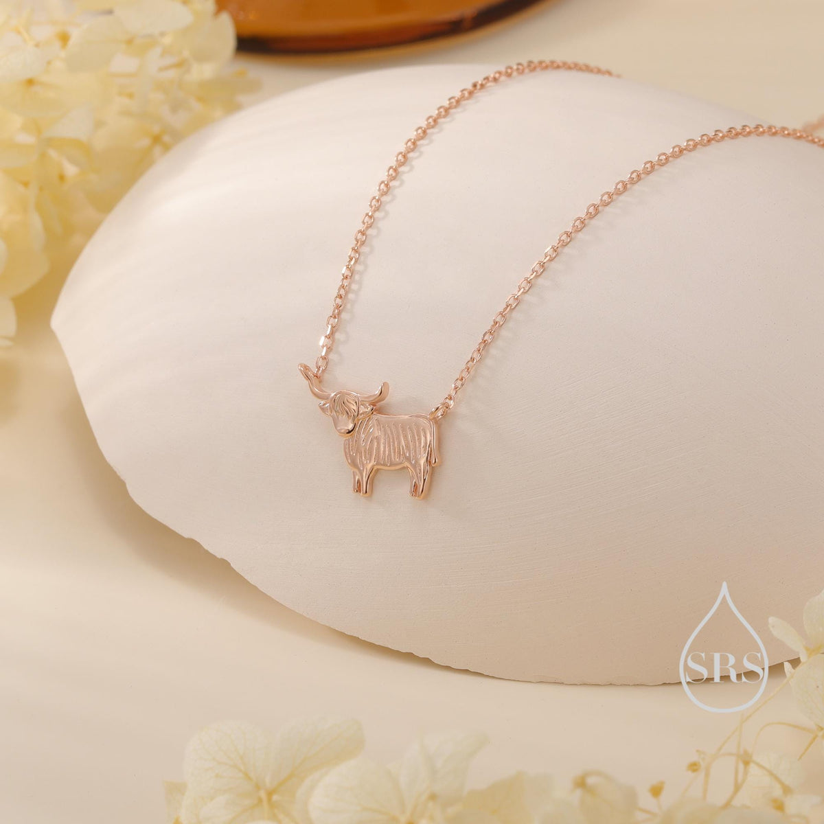 Tiny Highland Cow Pendant Necklace in Sterling Silver, Silver or Gold or Rose Gold Finish, Highland Cow Necklace, Scottish Jewellery