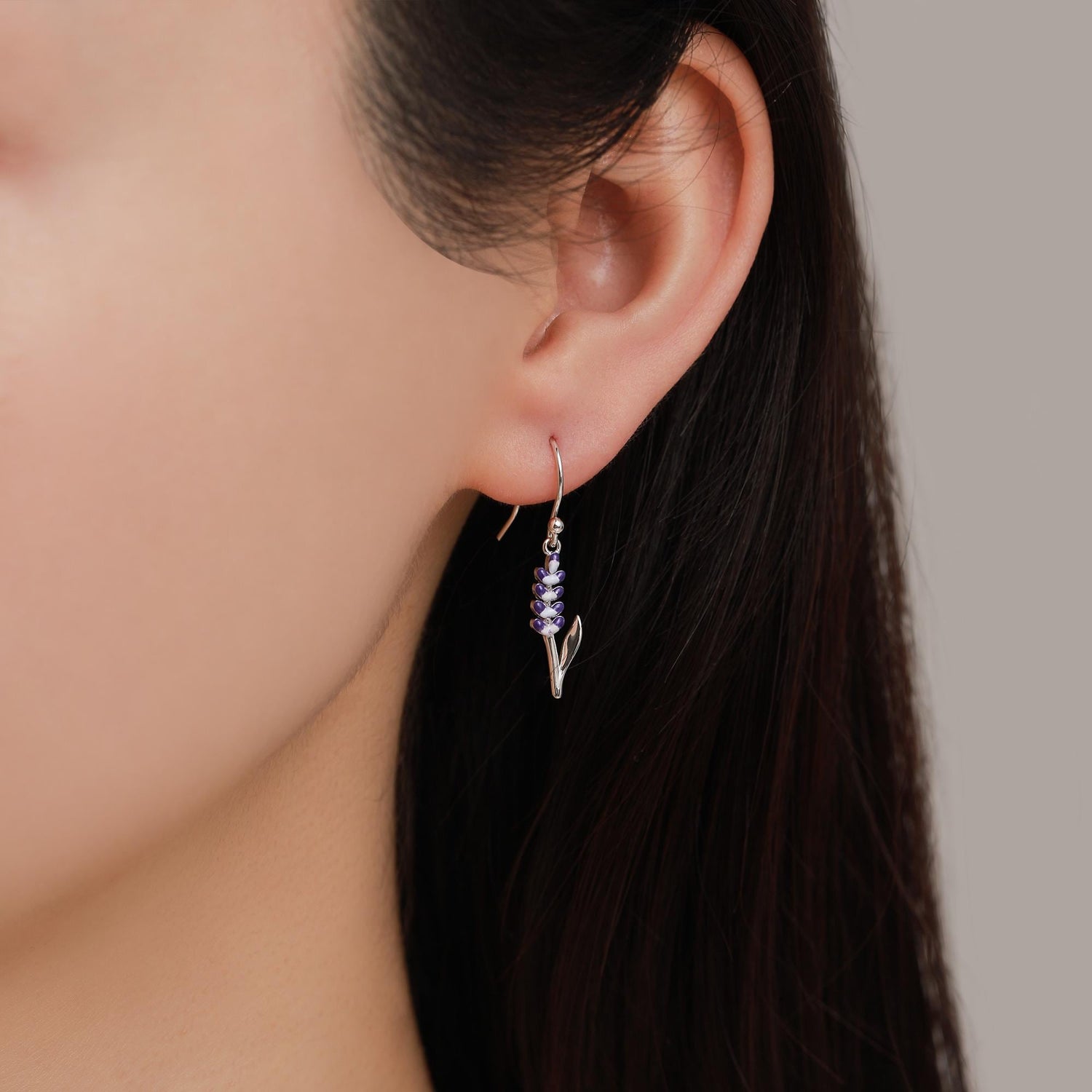 Sterling Silver Enamel Lavender Drop Hook Earrings, Delicate Silver Lavender Earrings, Silver or Gold, Lavender Earrings