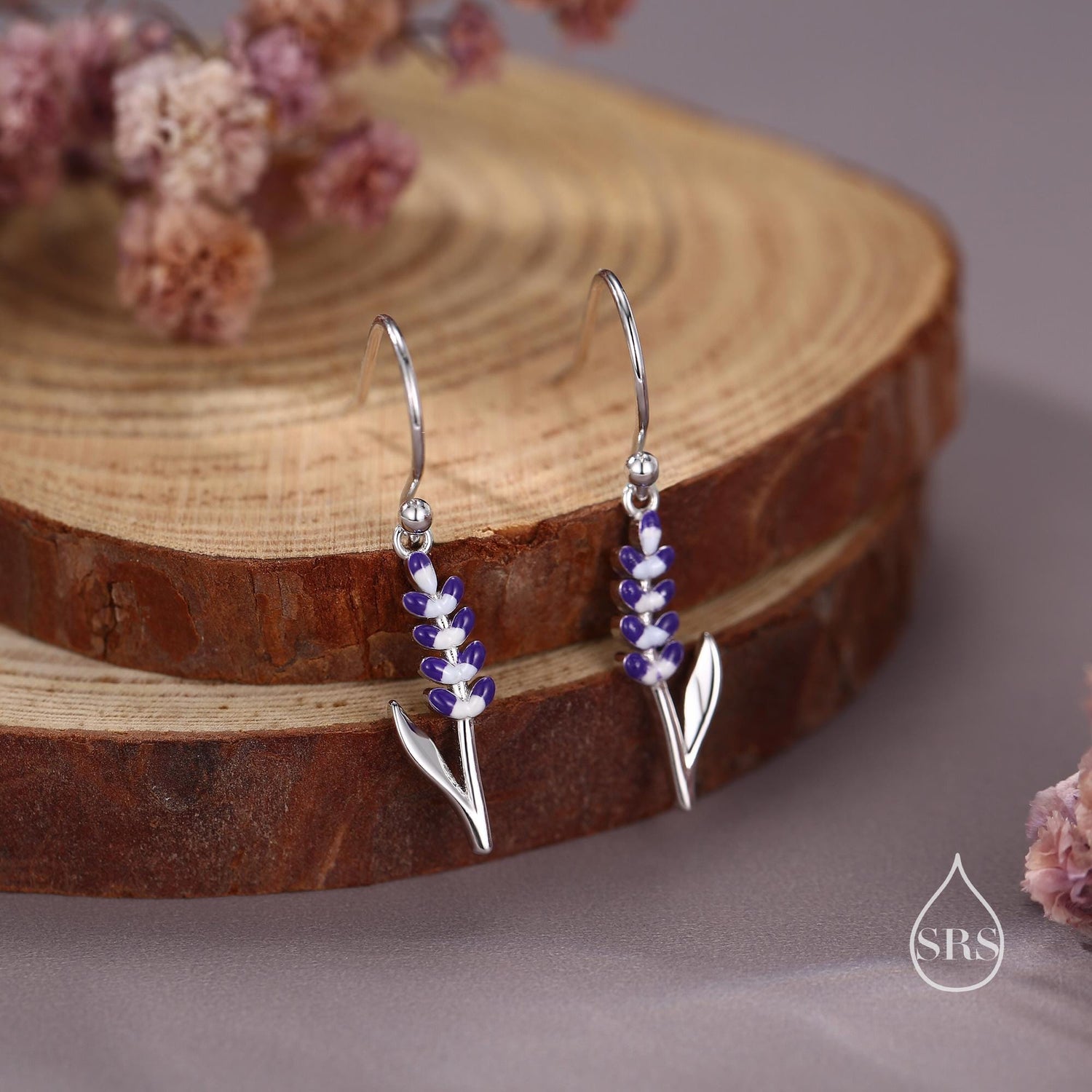 Sterling Silver Enamel Lavender Drop Hook Earrings, Delicate Silver Lavender Earrings, Silver or Gold, Lavender Earrings