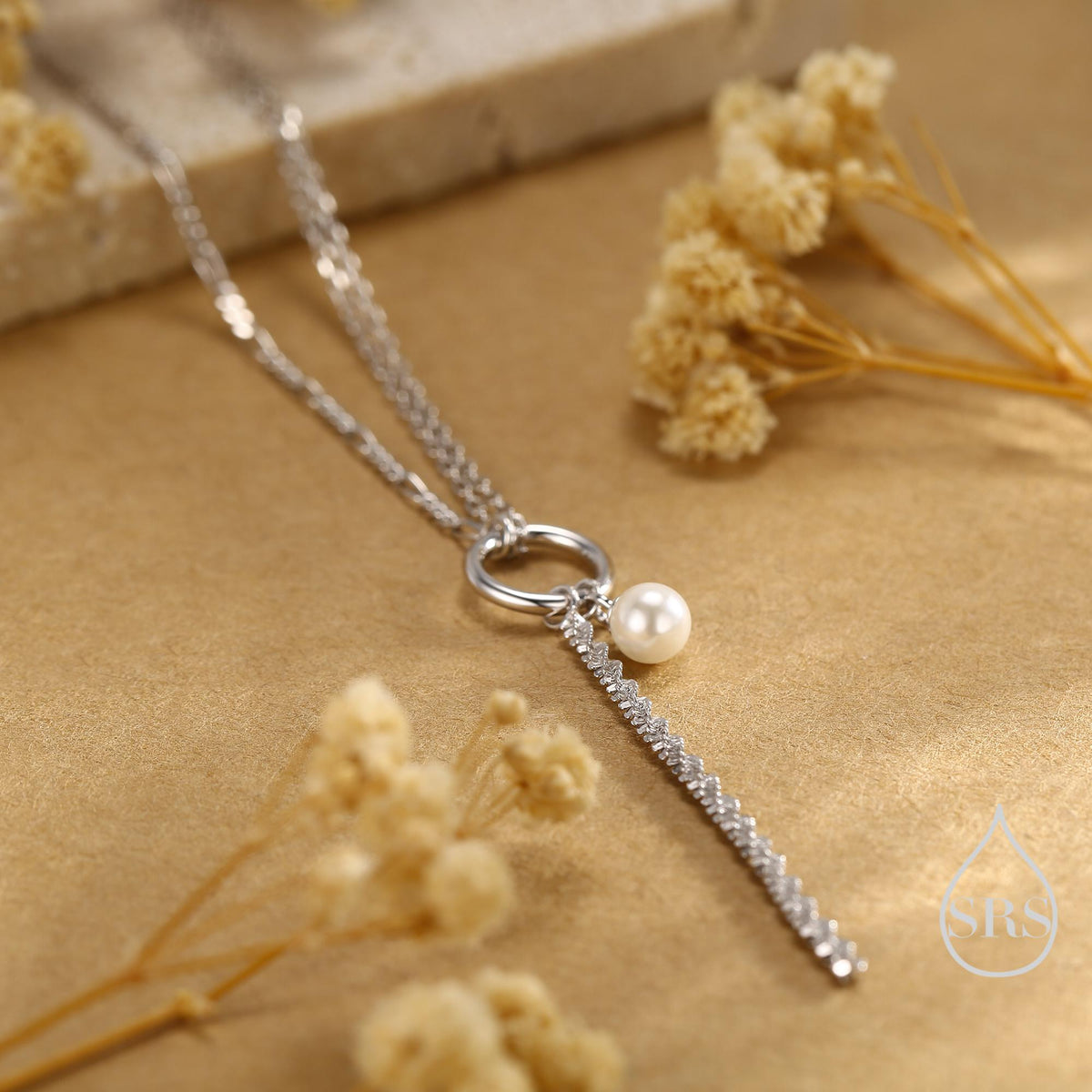 Pearl and Chain Choker Necklace in Sterling Silver, Geometric Design, Adjustable Length 16 inch to 18 inch, Pearl Necklace