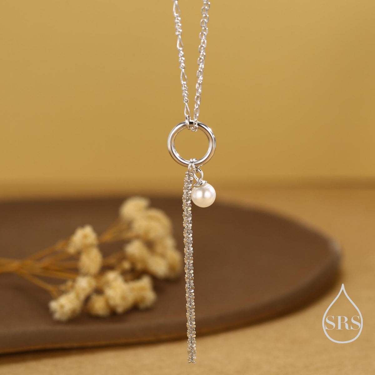 Pearl and Chain Choker Necklace in Sterling Silver, Geometric Design, Adjustable Length 16 inch to 18 inch, Pearl Necklace