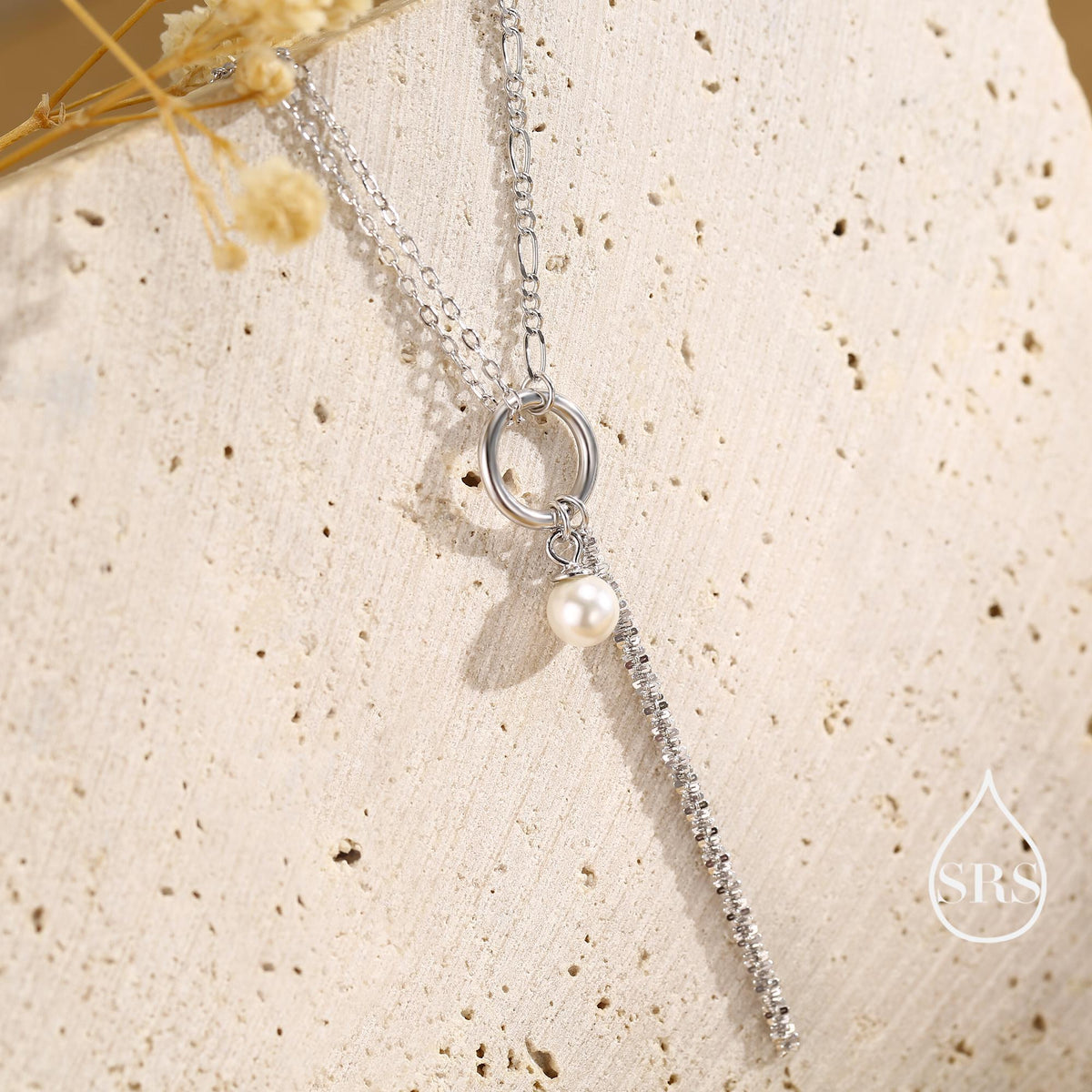 Pearl and Chain Choker Necklace in Sterling Silver, Geometric Design, Adjustable Length 16 inch to 18 inch, Pearl Necklace