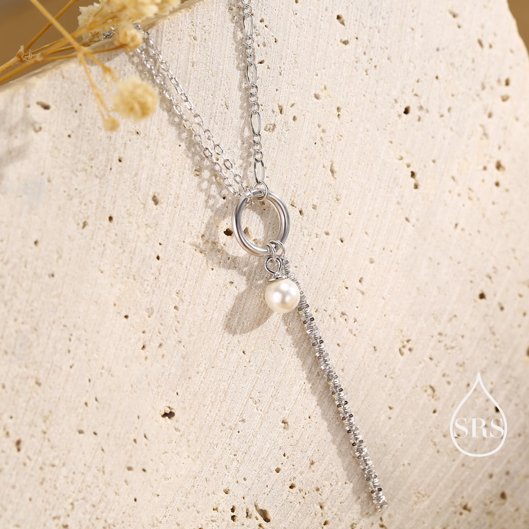 Pearl and Chain Choker Necklace in Sterling Silver, Geometric Design, Adjustable Length 16 inch to 18 inch, Pearl Necklace