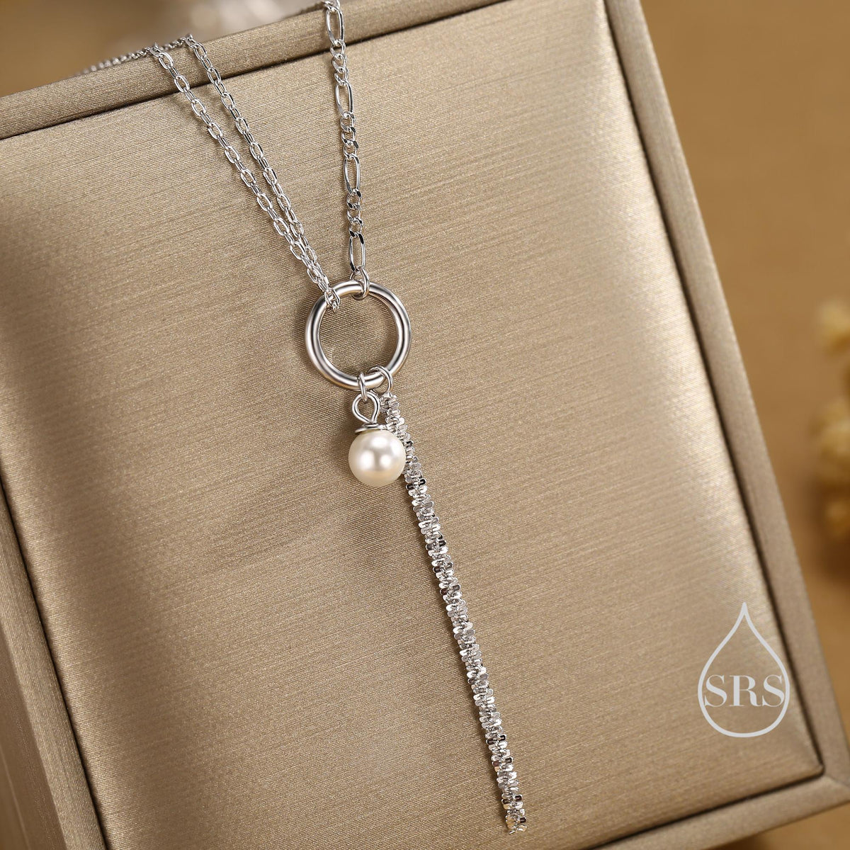 Pearl and Chain Choker Necklace in Sterling Silver, Geometric Design, Adjustable Length 16 inch to 18 inch, Pearl Necklace